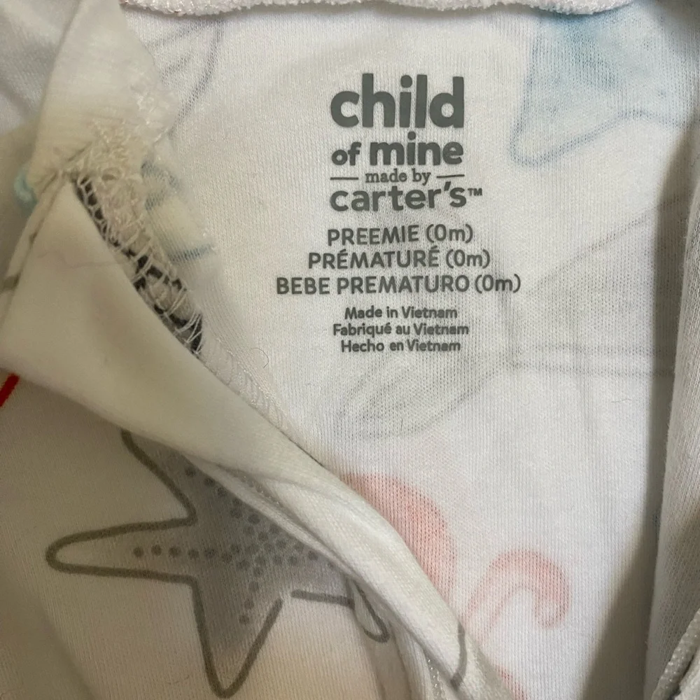 Carter's 2 Way Zip Preemie Sleep & Play White Ocean Print & Navy Stripe